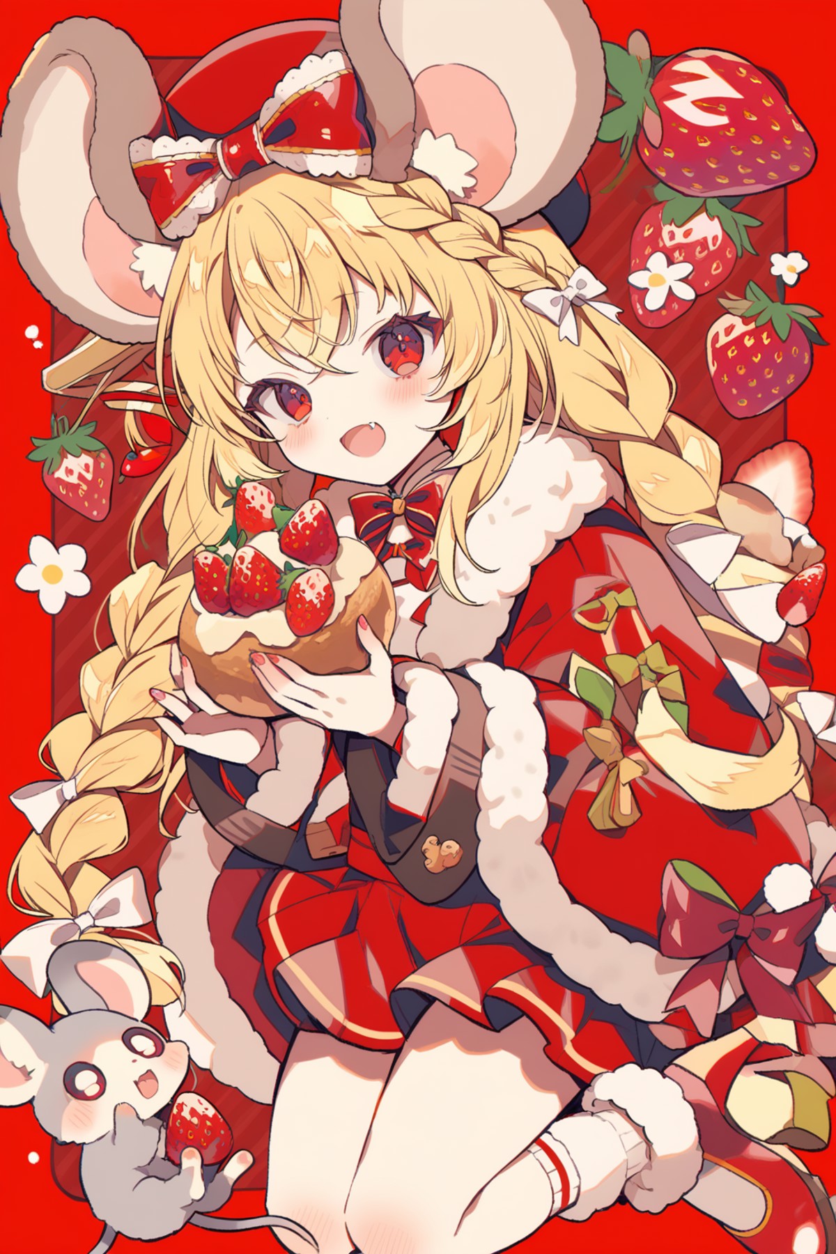 <lora:yume:1>,1girl, food, animal ears, blonde hair, solo, braid, fruit, open mouth, bow, fang, red eyes, looking at viewe...
